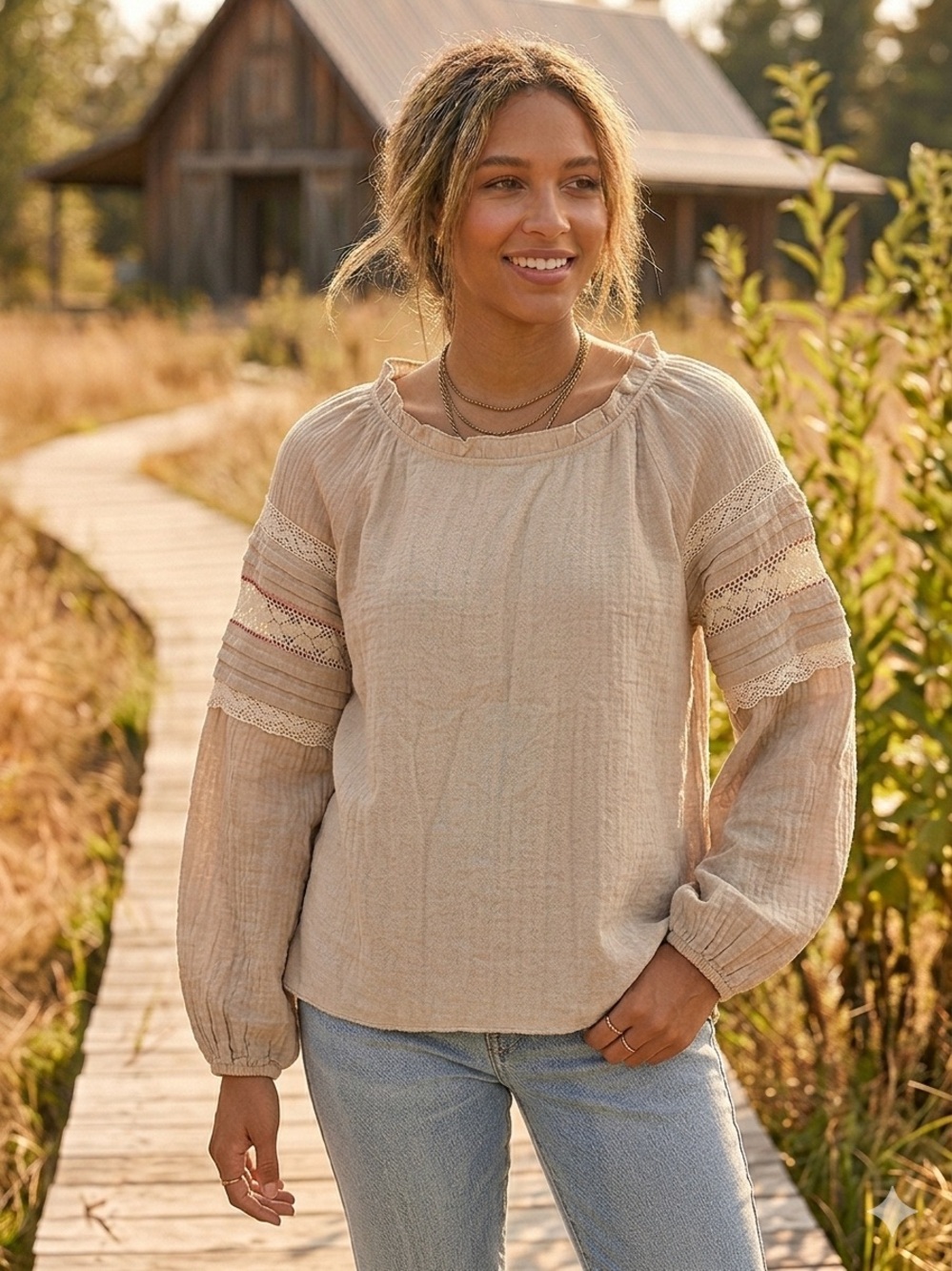easel Natural Beige Lace-Trim Peasant Blouse